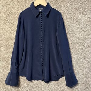 Club Monaco Helek Silk Blouse Navy Blue Shirt Covered Buttons Flare Cuffs XS